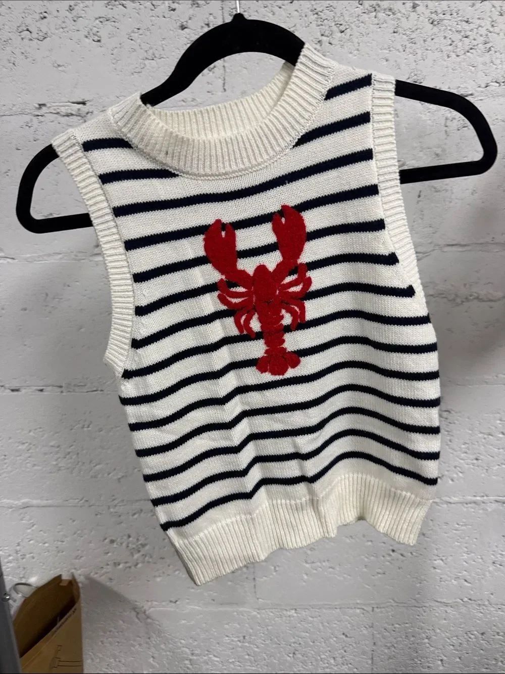 Knit Sleeveless Sweater Vest with Red Lobster - Navy Stripe Size XS LIKE NEW